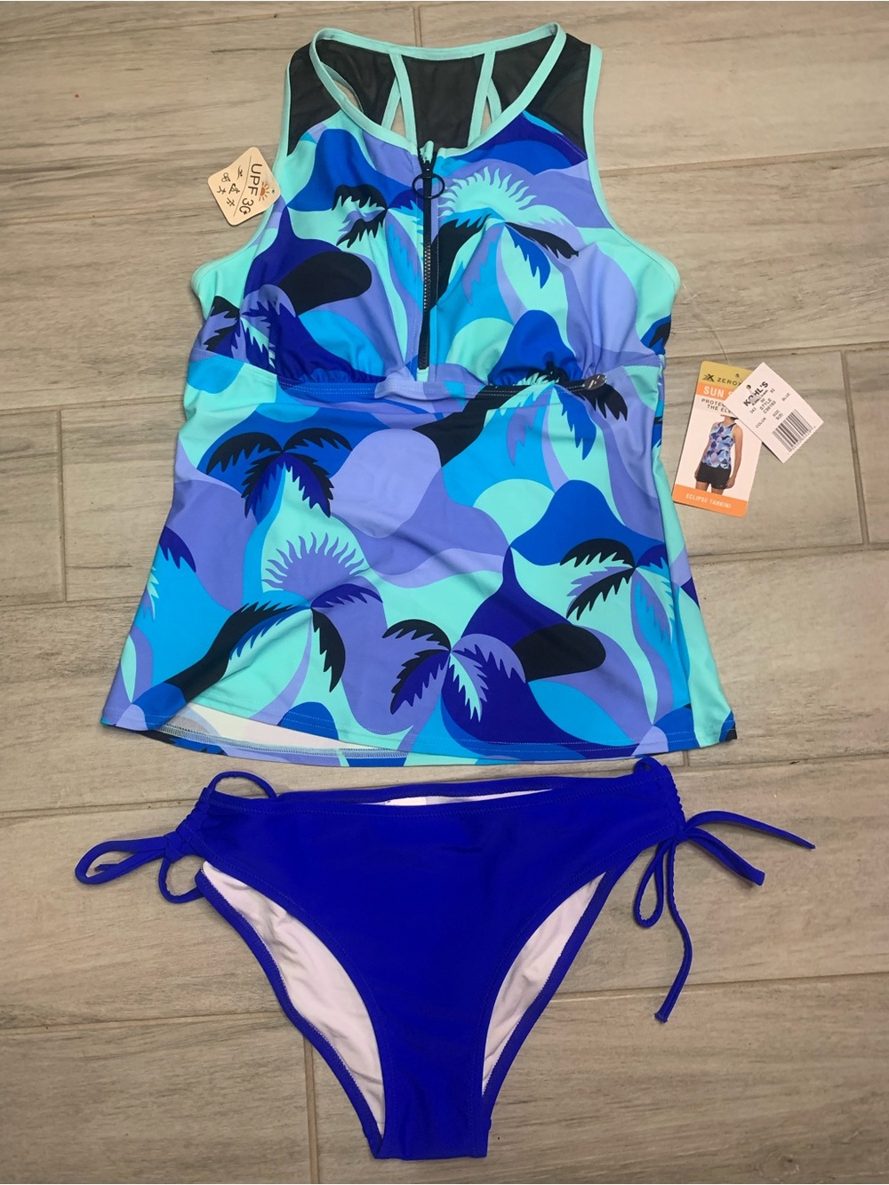 Tropical Zip-Front Tankini, top small and Large bottom part
